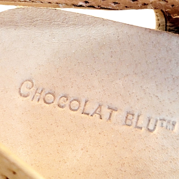 CHOCOLAT BLU Theo Perforated Leather & Suede Low Wedge Sandals Khaki Tan Size 8 - Picture 5 of 9